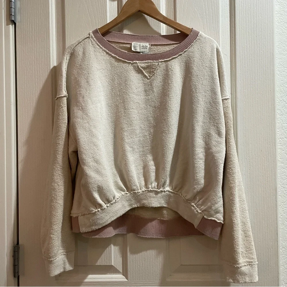 Anthropologie Saturday Sunday Au Fait Cream Pink Metallic Trim Linen Sweatshirt - Picture 11 of 12